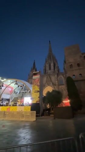 Concert stage setup underway at Barcelona's Gothic Cathedral plaza