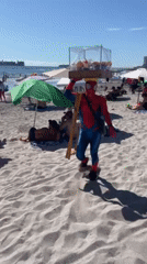 Spider-Man vendor serves beachgoers in Iquique, Chile