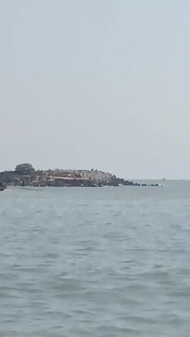 The video shows a wide shot of a body of water, likely the ocean, with a light-colored sky. In the distance on the left, there is a rocky island or breakwater with some vegetation on it. In the middle ground, a small fishing boat with a cabin and a tall mast is moving away from the camera towards the right. The boat appears to be white and grey. The water has small waves. The overall lighting suggests it is daytime.