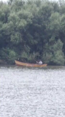 A person is rowing a boat down a river. The boat is yellow and has red and orange stripes. The person is wearing a white shirt and a hat. The river is surrounded by trees.
