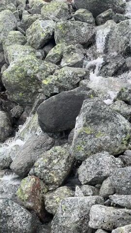 The video displays a natural outdoor scene featuring a rocky terrain with water flowing over and between numerous large and small grey boulders. Many of the rocks are covered with patches of green and yellow lichen. The water, appearing white and frothy, cascades downwards from the upper right portion of the frame towards the lower center, creating small waterfalls and rapids as it navigates the uneven surface of the rocks. The background reveals a slightly elevated, indistinct, and sparsely vegetated landscape under an overcast sky. No people, animals, or artificial structures are visible.