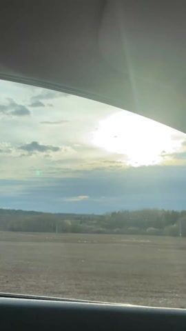 A car is moving. The view from inside the car shows a field followed by a line of trees. The sun shines through the trees. The sky is partly cloudy.