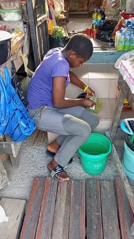 Here is a description of the video:
The video shows a person in a purple shirt and grey pants sitting outside, apparently preparing food. They're kneeling or crouching on a step, working over a green bowl, and next to them is a green bucket. The person appears to be tearing or cutting something, possibly greens or vegetables, into the bowl. The setting looks like a small, possibly outdoor, shop or stall area. There are various items and supplies stored on shelves and surfaces around them, including blue plastic bags, containers, and bottled drinks. The area is somewhat cluttered, and the lighting is a bit uneven, but overall, it seems like an everyday scene of someone getting ready to cook.