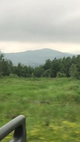 The camera is positioned inside a moving vehicle, looking out a window at a cloudy, grey sky and a verdant landscape. A lush, green field with some white flowers occupies the foreground, extending into a dense line of trees with various shades of green foliage. In the distance, layers of hills and mountains with a hazy appearance recede into the background, hinting at a valley or town nestled among them. A grey handrail, possibly part of the vehicle's interior, is visible at the bottom left of the frame. The view is dynamic, indicating motion, as the scenery shifts from right to left. Towards the end of the video, a reflection of text is briefly visible on the window.