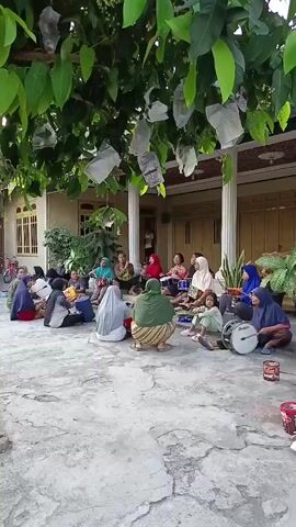 A group of women and children are gathered outdoors on a paved surface. Many are sitting on the ground, facing inward towards a central area. Several individuals are playing musical instruments, including drums and what appears to be a stringed instrument. Some women are wearing headscarves, and the children are dressed casually. The gathering is taking place under a tree with large green leaves, some of which are covered in white paper bags. In the background, there is a building with a covered porch supported by columns. The overall scene suggests a community or family gathering for a musical activity.