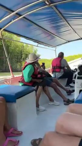 The video shows the interior and side view of a boat with passengers wearing life jackets, moving through a river or waterway surrounded by green, lush trees and foliage on either side. The boat has a blue canopy and blue and white seating. A man is steering the boat. The sky is visible and appears to be clear and blue. The water is choppy from the boat's movement.