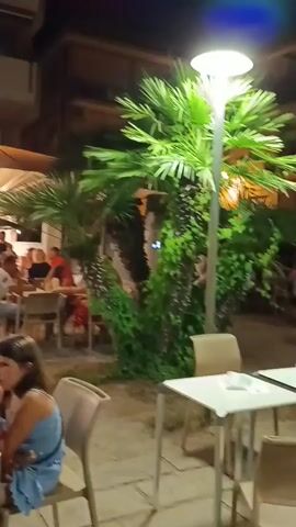 The video shows an outdoor seating area of a bar and gelateria at night. People are seated at tables, some eating or drinking, while others appear to be waiting. In the background, customers are standing and interacting inside the establishment, which has illuminated signs. Palm trees and other foliage are visible, along with outdoor lighting fixtures. A young girl with long brown hair, wearing a blue dress and bracelets, is seated at a table in the foreground, looking to her right. Behind her, a person wearing a purple shirt and a blue baseball cap is seated, with their back to the camera. The overall atmosphere appears to be casual and social, with people enjoying a night out.