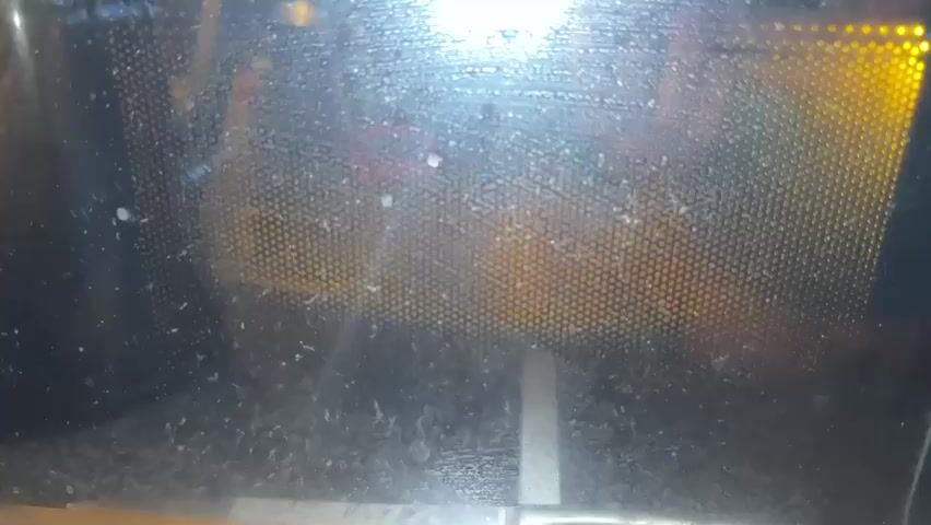 The video shows a close-up view of the inside of a dirty microwave oven door. The glass is smudged and speckled with debris. A yellow light is visible through the mesh of the door, illuminating the interior. The brand name "Russell Hobbs" is visible on the top left of the microwave.