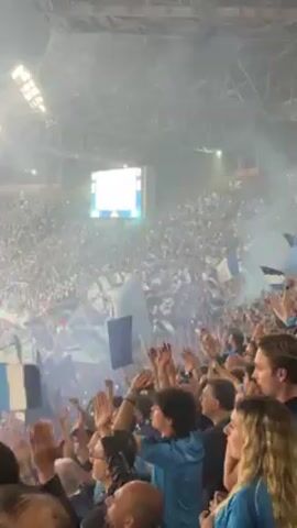 Here is a detailed description of the video. 

The video shows a large crowd of people in what appears to be a stadium. The people are cheering, waving flags, and raising their hands in the air. There is a haze in the air, possibly from smoke or fog. A large screen is visible in the background, but its content is unclear. The stadium is well-lit, and the atmosphere seems energetic and festive. Some people in the foreground wear blue shirts, suggesting they might be fans of a particular team.