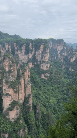Morning visitors document Zhangjiajie's towering sandstone pillars under cloudy skies