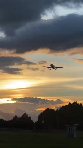 An airplane is seen descending in the sky during sunset. The sky is filled with dramatic clouds, some dark gray and others illuminated by the orange and yellow hues of the setting sun. Silhouetted trees and a strip of green grass are visible in the foreground. A small building with a white roof is partially visible on the right side of the frame. The airplane is in mid-flight, with its landing gear extended, suggesting it is approaching an airport. The overall scene captures a moment of transition between day and night, with the airplane as the focal point against a vibrant and cloudy sky.