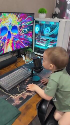 Toddler explores computer setup in Russian home office
