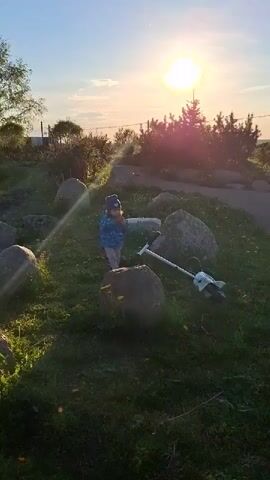 The video shows a sunny, outdoor scene with a small child initially standing among large rocks on a grassy area, with a scooter lying on the ground nearby. The camera then pans to the right, revealing a small pond surrounded by rocks and vegetation, reflecting the clear blue sky and some trees. In the background, a row of light-colored buildings is visible. The overall setting suggests a peaceful, possibly rural, environment.