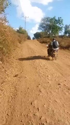 The video shows a dirt road under a bright blue sky with scattered white clouds. The road is uneven, covered in loose dirt and small rocks. Tire tracks are visible, indicating recent vehicle passage.  A motorcycle with two people riding on it is driving away from the camera, heading uphill on the road. The motorcycle is yellow, and the person in the back is wearing a backpack. On either side of the road, there is dry, scrubby vegetation and some trees. Power lines and poles are visible along the road in the distance, and a dark vehicle can be seen further up the road. The environment suggests a rural or undeveloped area. The video is shot from a following perspective, presumably by someone also traveling on the road.