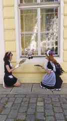 Cosplay shoot with stuffed bunny outside Prague's Restaurant Žofín