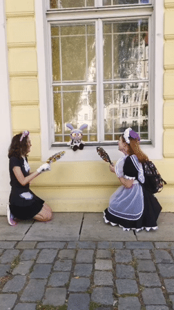 Cosplay shoot with stuffed bunny outside Prague's Restaurant Žofín