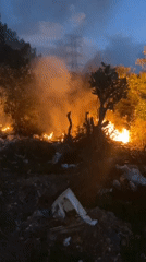 Nighttime brush fire burns near power lines in Juangriego, Venezuela