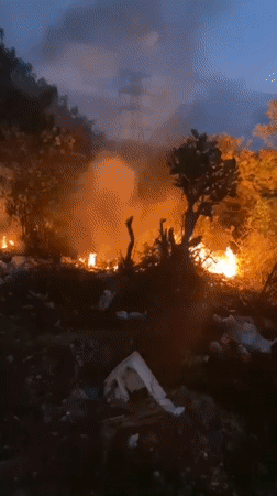 Nighttime brush fire burns near power lines in Juangriego, Venezuela