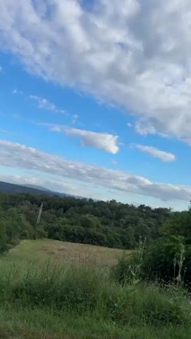 The video captures a scenic view of rolling green hills under a bright blue sky dotted with white clouds. The camera pans across a landscape with lush trees and fields. A paved road runs along the bottom of the frame, with grass and vegetation on either side. In the distance, mountains are visible. A communication tower stands tall amidst the greenery. There are no people or animals present in the video, and no actions or interactions are depicted. The environment appears to be a rural or natural setting, possibly during the daytime given the bright lighting and clear sky.