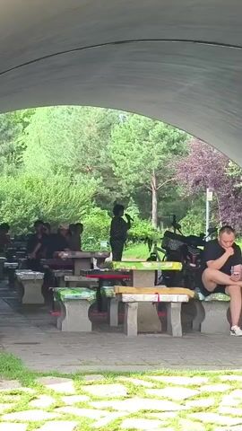 The video shows an outdoor picnic area under a curved overhang. Several people are seated at concrete picnic tables. In the center, a person stands and appears to be speaking into a microphone. To the right, a man in a black t-shirt and shorts sits alone at a table, looking at his phone. The area is surrounded by trees and greenery. The tables have colorful, painted designs on them.