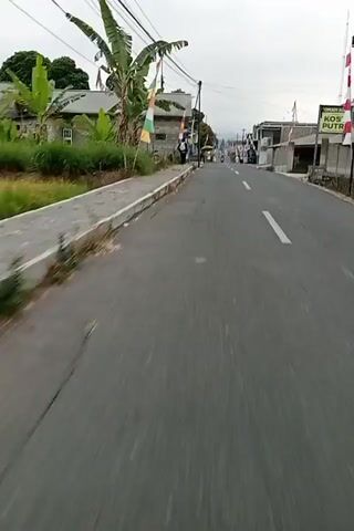 The video shows a POV perspective of someone moving forward on a paved road in what appears to be a village or town. The road is asphalt and has a white line marking the center. On the left side of the road, there is a sidewalk with a concrete curb, and beyond that, some greenery and banana trees. There are also buildings and houses visible on both sides of the road. In the distance, there are some people and motorbikes. The sky is overcast, suggesting it may be early morning or evening, or a cloudy day. The video is shaky, indicating movement, likely from walking or riding a bicycle or motorbike. There are some flags or banners hanging on poles along the side of the road.