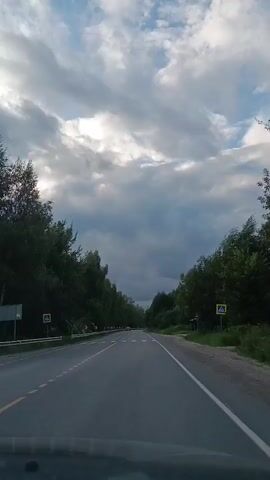 The video shows a view from inside a vehicle driving on a paved road bordered by trees. The sky is cloudy. There are yellow pedestrian crossing signs on both sides of the road. There are also red and white curve signs on the left side of the road. A dark-colored car is visible ahead on the road. The road has yellow and white lane markings.