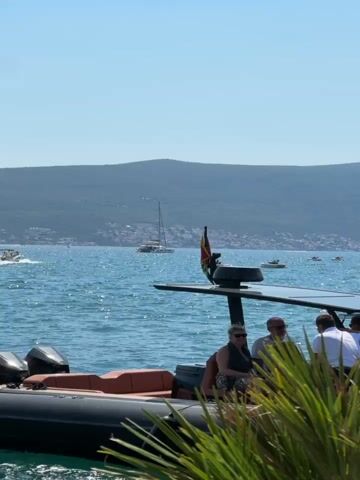 A black inflatable boat with orange seating is anchored in the water. Four people are seated on the boat. One person is standing and facing away from the camera. The boat has a black canopy and multiple outboard motors. In the background, a sailboat and several other smaller boats are visible on the water. A hilly coastline with buildings and vegetation is in the distance, under a clear blue sky. A palm frond is in the foreground, partially obscuring the right side of the boat.
