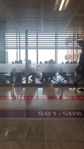 The video shows a busy airport hallway. Several people are walking in different directions, some with luggage. The floor is tiled, and there are red and purple lines on the floor. A large glass window is visible in the background, with a view of an outdoor area. There is also text on the glass that appears to be a logo or sign, possibly indicating the airport's name or a specific terminal. The lighting suggests it is daytime.