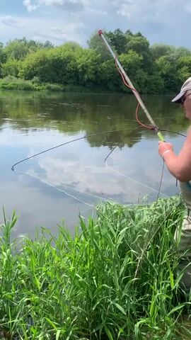 A person is fishing on the bank of a river. They are holding a fishing rod that is extended over the water. The person is wearing waders and a light-colored shirt. There is tall green grass in the foreground. The river is wide and calm, with trees lining the opposite bank. The sky is partly cloudy.