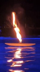Illuminated fountains and floating torch at night in Krasnodar