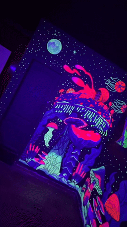 Psychedelic wall art documented in Chennai room corner