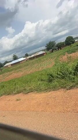 A camera pans across a rural landscape under a cloudy sky. In the foreground, a dirt road is visible. Beyond the road, there is a patch of green grass, followed by a tilled field with rows of crops. Several buildings with metal roofs are scattered across the landscape. In the distance, trees are visible. The overall impression is one of a rural village in a developing country.