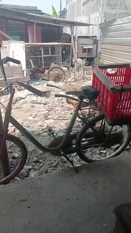 A bicycle with a red plastic crate attached to the back is parked in a cluttered outdoor area. The bicycle is old and somewhat rusty. The crate is secured to the rear of the bicycle with straps. In the background, there are various structures and debris, including corrugated metal sheeting, wooden planks, and piles of trash. A chicken is visible walking in the background. The scene appears to be an outdoor workspace or storage area.