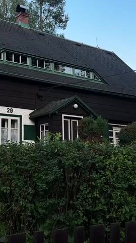This is a vertical video. The video begins with a medium shot of a dark-colored house with a black roof. The house has several windows, including dormer windows along the roofline. A hedge runs across the bottom of the frame, partially obscuring the lower portion of the house. The video then pans to the right, revealing more of the house and the surrounding trees. The lighting suggests it is either early morning or late evening. There are no people or visible actions in the video. The environment appears to be a residential area with dense foliage.