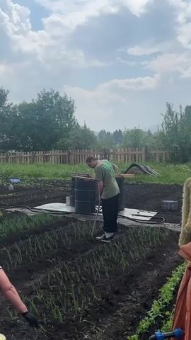 A person in a green t-shirt and black pants is working in a garden. They are using a tool, possibly a hoe, to tend to the soil. The garden has rows of young green plants. In the background, there are several black barrels, a wooden fence, trees, and a cloudy sky. Another person's arm with a black glove is visible in the lower left corner of the frame.