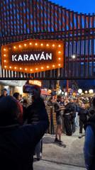 Budapest street food market bustling during evening hours