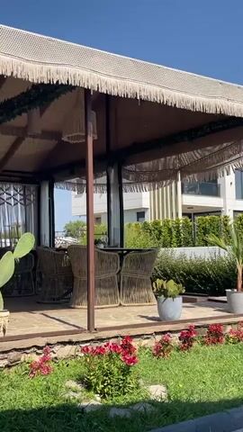 This is a stationary, eye-level shot of an outdoor seating area under a thatched roof structure. The structure has macrame detailing along the edges and is decorated with hanging plants. Several wicker chairs are arranged around a dark-colored table. To the left, a large cactus in a pot is visible. The foreground is a patch of grass with red flowers. In the background, a modern building and manicured hedges are visible under a clear blue sky.