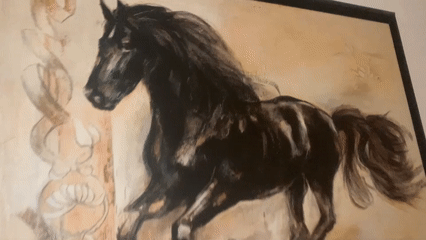 Indoor display features black horse painting and MMA gloves