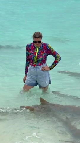 A woman in sunglasses, denim shorts and a brightly patterned long-sleeved shirt stands in the clear shallow water with sharks swimming around her feet. Another woman reaches out to steady her as the sharks swim close.