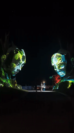 Illuminated art installations light up Kediri streets at night
