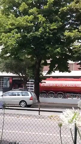 A red tanker truck with the text "BOMBEIROS VOLUNTARIOS FAMALICENSES" in white lettering is parked in front of a building. The truck appears to be a fire department vehicle. Behind the truck, a large tree with green leaves provides shade. A white van is visible to the right of the tanker truck, and a portion of a silver car is seen on the far left. In the foreground, a chain-link fence separates the viewer from the scene, and white flowers are blooming. The building in the background has a modern architectural style with glass and brick elements. The overall impression is of a daytime scene, likely in a town or city in Portugal, given the text on the truck. The weather appears to be pleasant, with ample sunlight illuminating the scene.