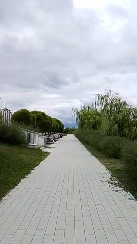 This media file shows a tilted outdoor scene with a paved walkway in the foreground. The walkway is made of light-colored rectangular tiles laid in a grid pattern. To the left of the walkway, there is a grassy area with some benches and a white railing. Beyond the benches, there is a line of green trees and foliage, with a larger weeping willow tree dominating the upper left portion of the frame. The sky is overcast with dramatic, textured clouds.

A few people are visible sitting on the benches, appearing to be enjoying the scenery. The overall atmosphere is serene and tranquil, suggesting a peaceful day outdoors. The lighting indicates it is daytime, likely late morning or afternoon, given the diffused light from the cloudy sky.

The scene appears to be a park or a waterfront promenade, with the natural elements of trees and sky creating a sense of openness. The perspective is from a low angle, possibly from a person walking or cycling along the path, as the camera is tilted. The location is suggested to be Orekhovo-Zuyevo, Russia. No text is visible in the media.