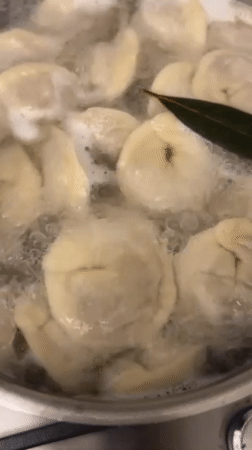 Home cook prepares dumplings while video calling in Italy