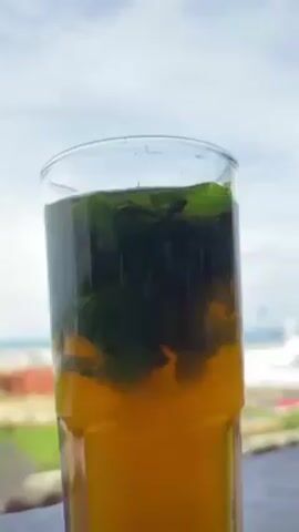 The video shows a glass of liquid with green leaves in it, sitting on a tiled rooftop. The liquid in the glass has an orange hue. The camera then pans out to reveal a coastal city with buildings, a green park, a road with moving vehicles, and a body of water under a partially cloudy sky. The rooftop tiles are reddish-brown and arranged in rows.