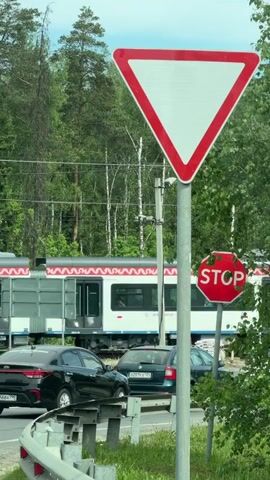 The scene features a "Yield" sign and a "Stop" sign positioned near a road with several cars stopped. A train with a distinctive white and red decorative pattern passes behind the signs and the cars. The backdrop includes a wooded area with various trees. The sky is visible above the trees, suggesting it's daytime.