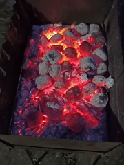 Evening barbecue in Biliaivka, coals glowing, steaks on the grill