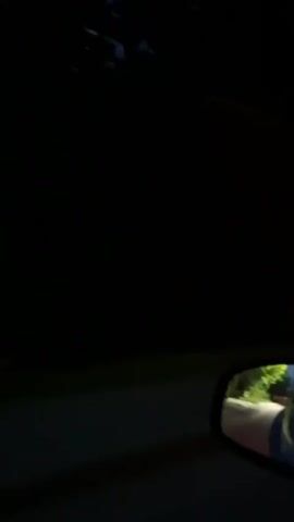 A short, blurry video taken at night from the perspective of a passenger inside a moving vehicle. The view captures a side-view mirror reflecting a dimly lit road with trees and a street light. The scene then shifts to the driver's perspective, showing the dashboard and a windshield with trees and street lights passing by. The video is dark and lacks clear detail, suggesting it was filmed with a mobile device in low light conditions.