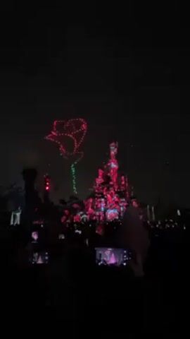 The video captures a nighttime spectacle at Disneyland, featuring a large crowd of people recording the show with their smartphones. In the dark sky, a red and green rose formed by drones hovers to the left of the iconic Disneyland castle. The castle itself is illuminated with intricate patterns of red and blue lights. The crowd is largely silhouetted, with only the screens of their phones visible, reflecting the lights of the show. The overall atmosphere is one of awe and excitement as the audience captures the magical display.