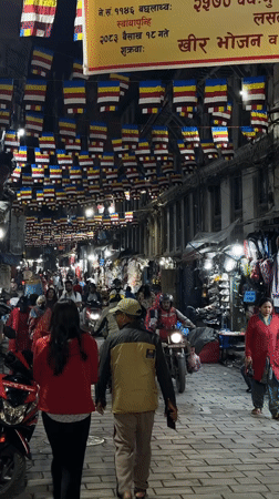 Evening street life and temple activity documented in Kathmandu