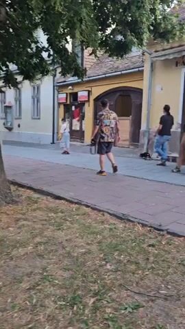A person in a brightly colored shirt and shorts is walking down a sidewalk away from the camera, holding a camera bag. They are on a paved sidewalk with a tree on the left and buildings on the right. Behind them, two other people, one in a long patterned skirt and the other in a black shirt and jeans, are also walking away from the camera. Further ahead, a person in a white shirt and blue shorts is walking towards the camera and appears to be holding a ball. The ground in front of the sidewalk is covered in dry grass.